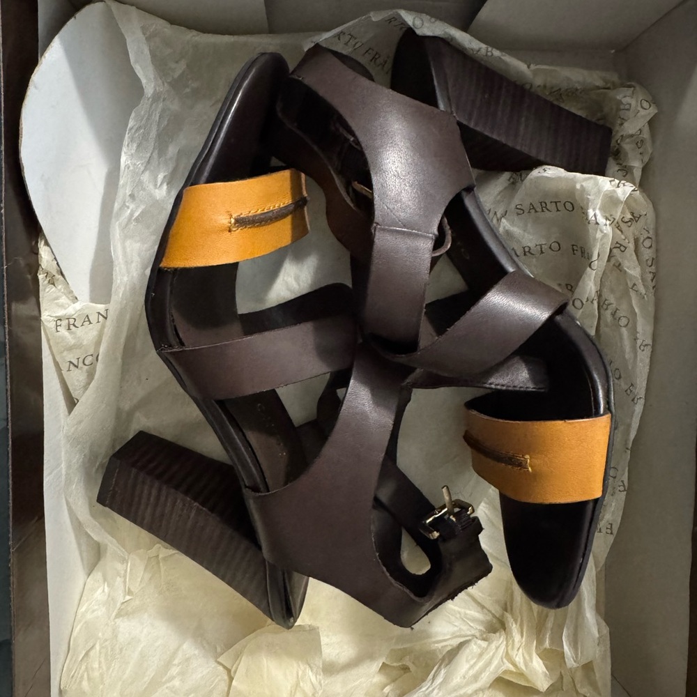 Franco Sarto Brown and burnt tan colored chunk block heels.